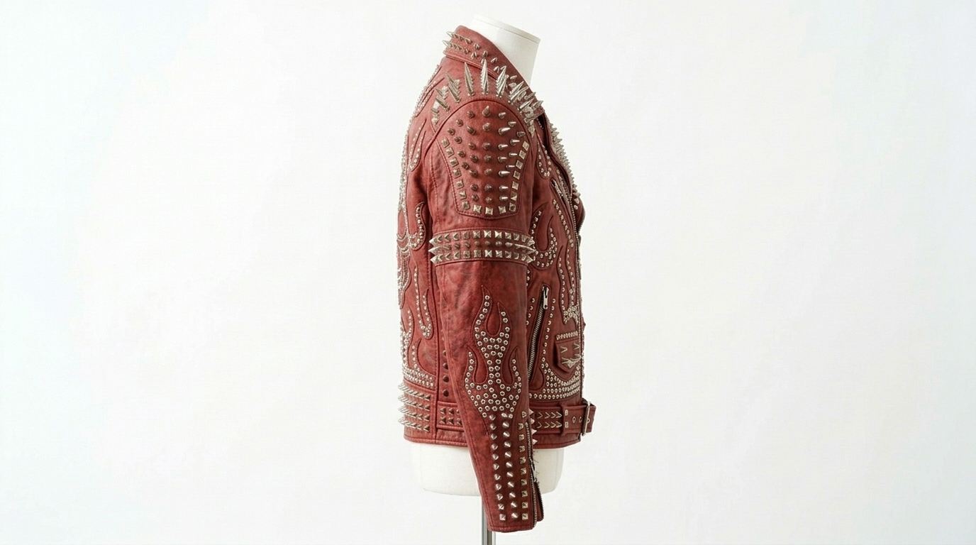 The Ultimate Crimson Studded Flame Battle Jacket - Image 3
