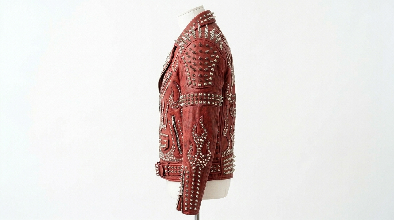 The Ultimate Crimson Studded Flame Battle Jacket - Image 4