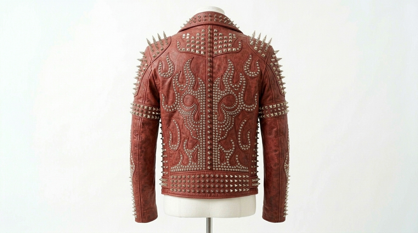 The Ultimate Crimson Studded Flame Battle Jacket - Image 2